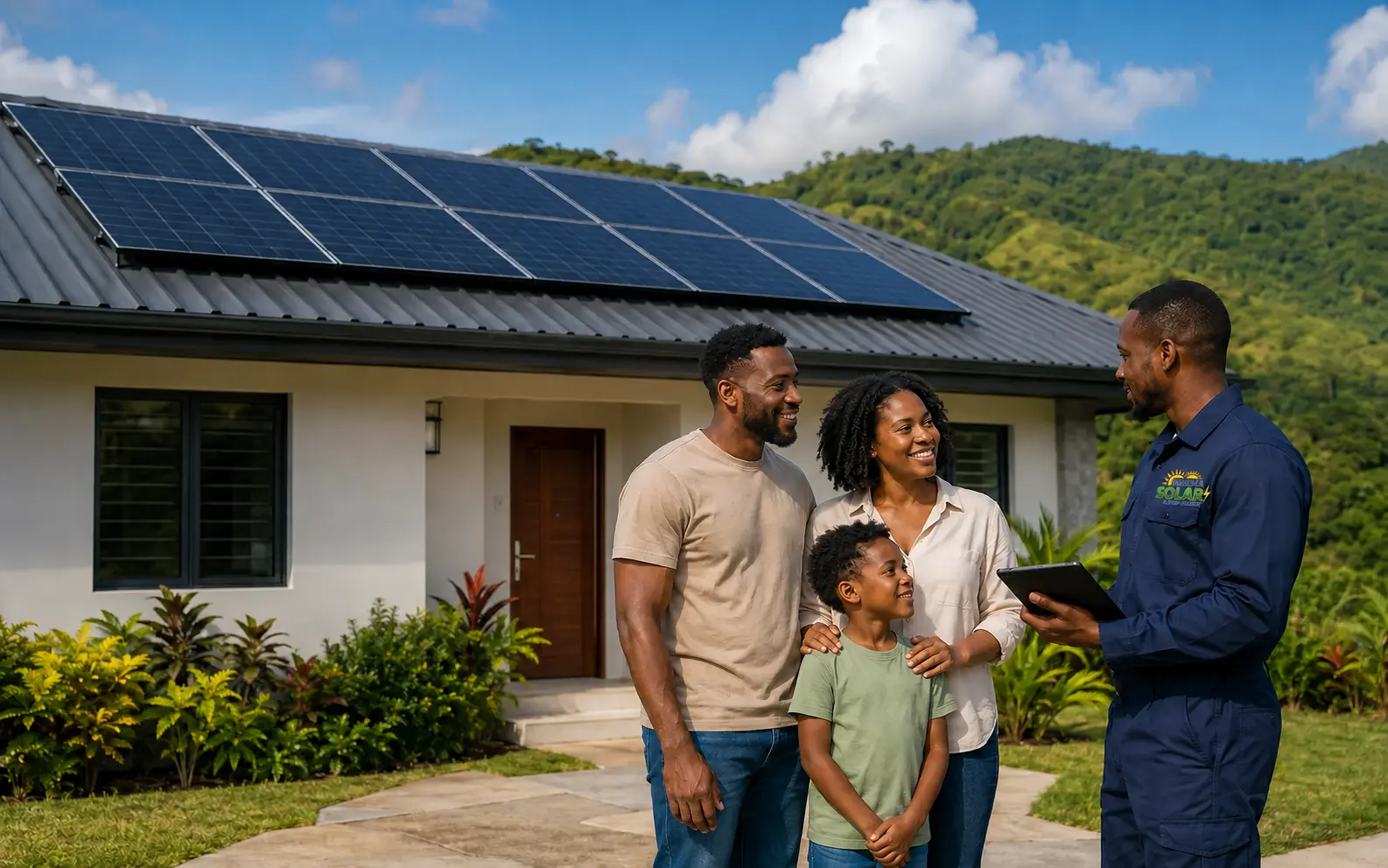 Rhema Solar representative helping a Jamaican family with a home solar solution